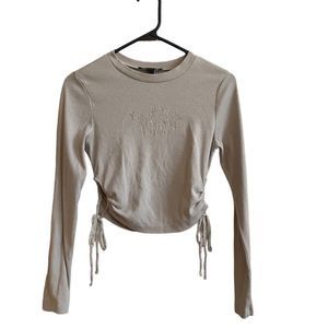 Forever 21 angel sequin graphic crop top with side ties, tan, size small
